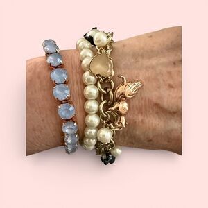 Betsey Johnson 3-PC Bracelet Set-Charm Bracelet,Faux Pearl Stretch & Blue Cryst